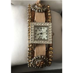 BROWN HAIR ON HIDE LEATHER STRAP WATCH/SWARVARSKI CRYSTAL CONCHOS/ ONE OF A KIND