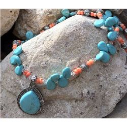 CHUNKY TURQUOISE AND PACH CORAL NECKLACE WITH TEARDROP PENDANT