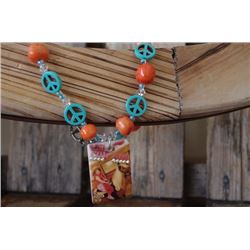 CHUNK TURQUOISE AND ORANGE PEACE NECKLAE WITH VINTAGE DOMINO