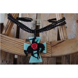 SISSY & ME BLACK BEADED NECLACE WITH CROSS PENDAT/BRONC RED ROSE /8"-11" TO END OF PENDANT