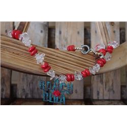 CHUNKY RED STONE WITH CLEAR CHUNKY CRYSTAL ANTIQUE TURQUOISE METAL /Chunky necklace with red and cle