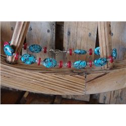 BLUE AND RED STONE CHUNKY NECKLACE/Chunky necklace with red and turquoise stones and clear beads/9" 