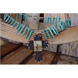CHUNKY TURQUOISE STONE WITH BROWN CROSS NECKLACE***CROSS IS DETACHED AND DAMAGED! YOU CAN WEAR AS OR