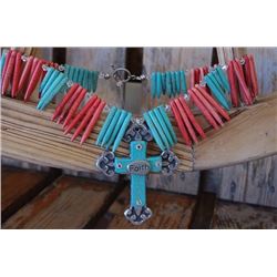 CHUNKY TURQUOISE AND CORAL STONE NECLACE WITH CROSS*****CROSS IS DETACHED BUT CAN PUT BACK ON OR CHA