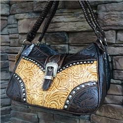 LADIES NATURAL LEATHER WESTERN BUCKLE HANDBAG