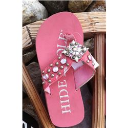 PINK HAIR ON HIDE BLING FLIP FLOPS /Pink brindle /diamond shaped silver concho on strap/SIZE SMALL M