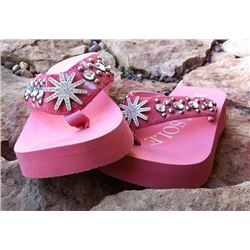 PINK HAIR ON HIDE ROWEL BLING FLIP FLOPS/Pink flip flops with a pink spur rowel on strap/Pink brindl