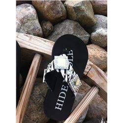 ZEBRA HAIR ON HIDE FLIP FLOPS/Zebra hide on strap/3 large square conchos /mall round stones and silv