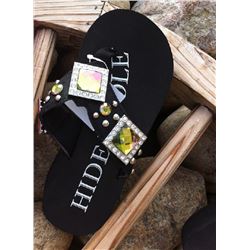 BLACK HAIR ON HIDE BLING FLIP FLOPS/Black Hide with square conchos/Has round stones and silver studs