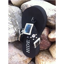 BLACK HAIR ON HIDE BLING FLIP FLOPS/Black Hide with smoke square conchos/Has round stones and silver