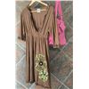 Image 1 : BROWN RUFFLE DRESS/GREEN DESIGN ON BOTTOM/SIZEX-LARGE/ PINK COWGIRL FINESSE TOTE BAG*THIS DRESS HAS 