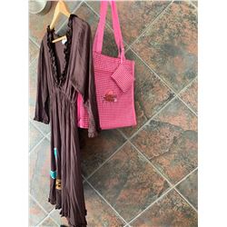 DARK BROWN RUFFLE DRESS/TURQUOISE  DESIGN ON BOTTOM/SIZELARGE/ PINK COWGIRL FINESSE TOTE BAG