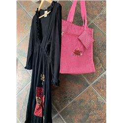 BLACK RUFFLE DRESS/RED CROSS LEOPARD   DESIGN ON BOTTOM/SIZE MEDIUM/ COWGIRL FINESSE FINESSE TOTE BA