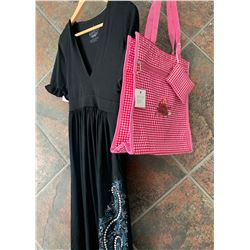BLACK RUFFLE DRESS/TURQUOISE STUDDED  DESIGN ON BOTTOM/SIZE MEDIUM/ COWGIRL FINESSE FINESSE TOTE BAG