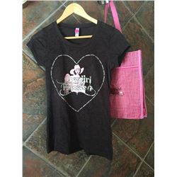 size XL/chocolat burnout  t-shirt/Cowgirl Finesse logo/text around heart is "Cowgirl Team Sentiments
