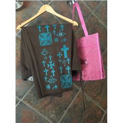 SIZE 2XL(20-22)Ladies brown capris/Teal crosses down the right /80% cotton and 20% polyester/COWGIRL