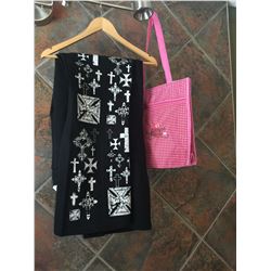 Ladies black capris with white crosses down the front and back /Crystals on a cross on back of pants