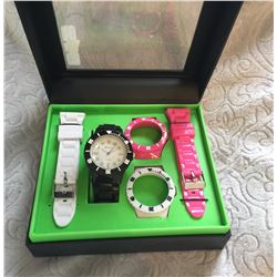 TRI COLOR /BBLACK,WHITE, PINK INTERCHANGEBLE  WATCH/BOXED SET