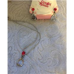 RED CRYSTAL ENGLISH STIRRUP NECKLACE AND EARRINGS/NICKEL FREE