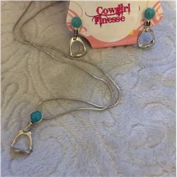 TURQUOISE STONE  ENGLISH STIRRUP NECKLACE AND EARRINGS/NICKEL FREE