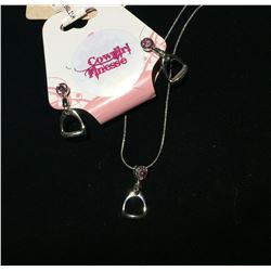 PINK CRYSTAL  ENGLISH STIRRUP NECKLACE AND EARRINGS/NICKEL FREE