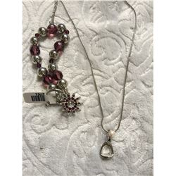 PEARL STONE ENGLISH STIRRUP NECKLACE AND PURPLE CRYSTAL SPUR ROWEL BRACELET/NICKEL FREE