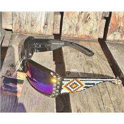Black Montana West sunglasses with multi colored and turquoise beading accent on arm and clear bling