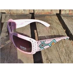 Pink Montana West sunglasses with pink and turquoise beading accent on arm and clear bling accent on