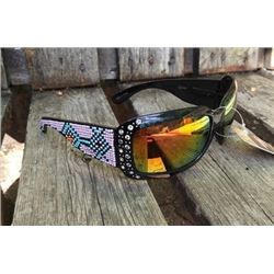 Black Montana West irasdecent sunglasses with light pink and turquoise beaded design on legs. UV400.
