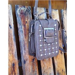 BEIGE CRYSTAL CROSS BODY WALLET/PURSE/has one  adjustable long strap and one short handbag strap/has