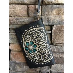 Montana West black and teal wallet messenger with large clear western bling concho. Single long deta