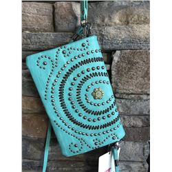 Montana West mint green/studded wallet messenger with small western concho. Single long detachable s