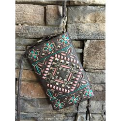 Montana dark brown/rose and teal design wallet messenger. Single long detachable strap. Short detach