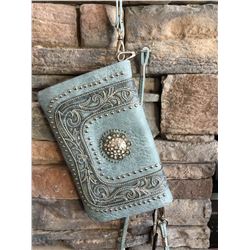 Montana West blue grey/scroll design wallet messenger with large clear western concho. Single long d