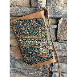 Montana West tan/crossl design wallet messenger with large clear western concho. Single long detacha