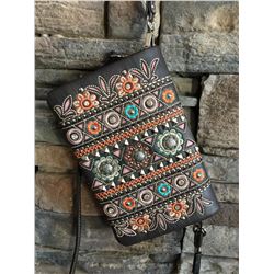 Montana West dark brown/multi color design wallet messenger with 3 small western concho. Single long