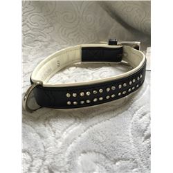 BLACK AND WHITE DOG COLLAR CLEAR CRYSTALS/LEATHER/16" LONG/SIZE SMALL