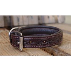 DARK BROWN LEATHER BARBED WIRE DESIGN DOG COLLAR/SIZE SMALL 12"