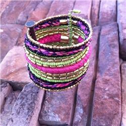 LIME GREEN/PINK MULTI BEAD/CORD BANGLE BRACELET
