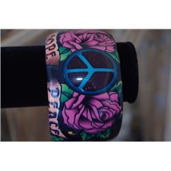 BLACK WIDE CUFF BRACELET PINK AND TURQUOISE HOPE AND PEACE DESIGN