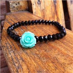 BLACK BEADED STRETCH BRACELET WITH MINT GREEN ROSE ACCENT