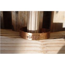 COPPER  metal cuff bracelet/Engraved INSPIRE/1/2" in diameter