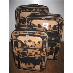 COWBOY SILOUETTE MOTIF/3 PIECE LUGGAGE SET/BROWN AND BLACK