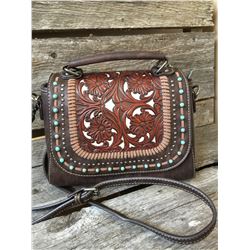 WESTERN TOOLED MESSENGER/SATCHEL HANDBAG/ genuine leather TOOLED FLAP/ zipper enclosure on the top o