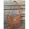 Image 1 : Georgeous tooled leather hobo style bag has a silver berry concho on the front flap pocket.Inside si