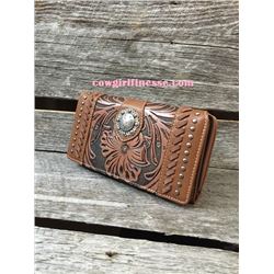 WESTERN TOOLED BROWN TRIFOLD/ZIPPER WALLET