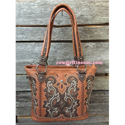 BROWN WESTERN SCROLLING DESIGN HANDBAG/Inside single compartment divided by a medium zippered pocket