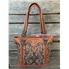 Image 1 : BROWN WESTERN SCROLLING DESIGN HANDBAG/Inside single compartment divided by a medium zippered pocket