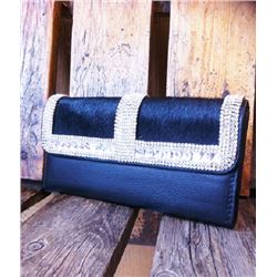 LEATHER HAIR ON HIDE BLING WALLET/bifold style with extra card slots and snap closure/clear crystal 