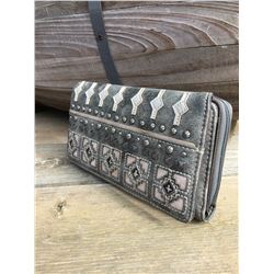 WALLET/OUTER ZIPPER COMPARTMENT HAS ANOTHER ZIPPER PART INSIDE IT/INSIDE FLAP HAS TWO AREAS FOR CRED